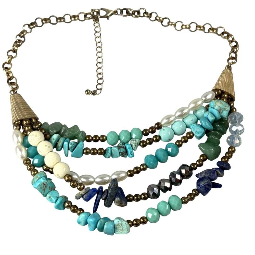 Multilayer Beaded Necklace Faux Turquoise, Faux Pearls & Gemstones Multicolor